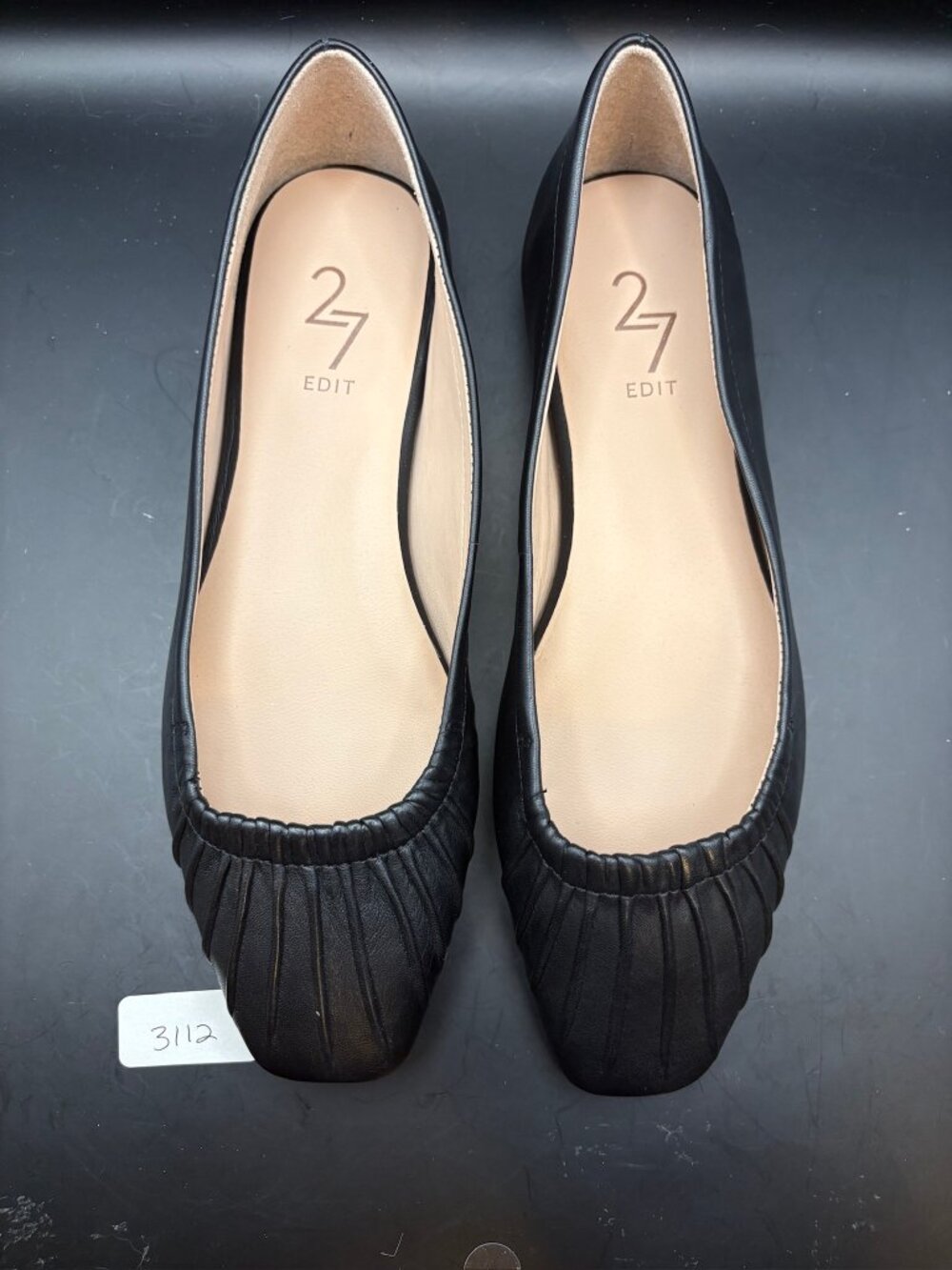 27 Edit Black Leather Square Toe Pleated Flats Size 7M EU 37 - Picture 3 of 6